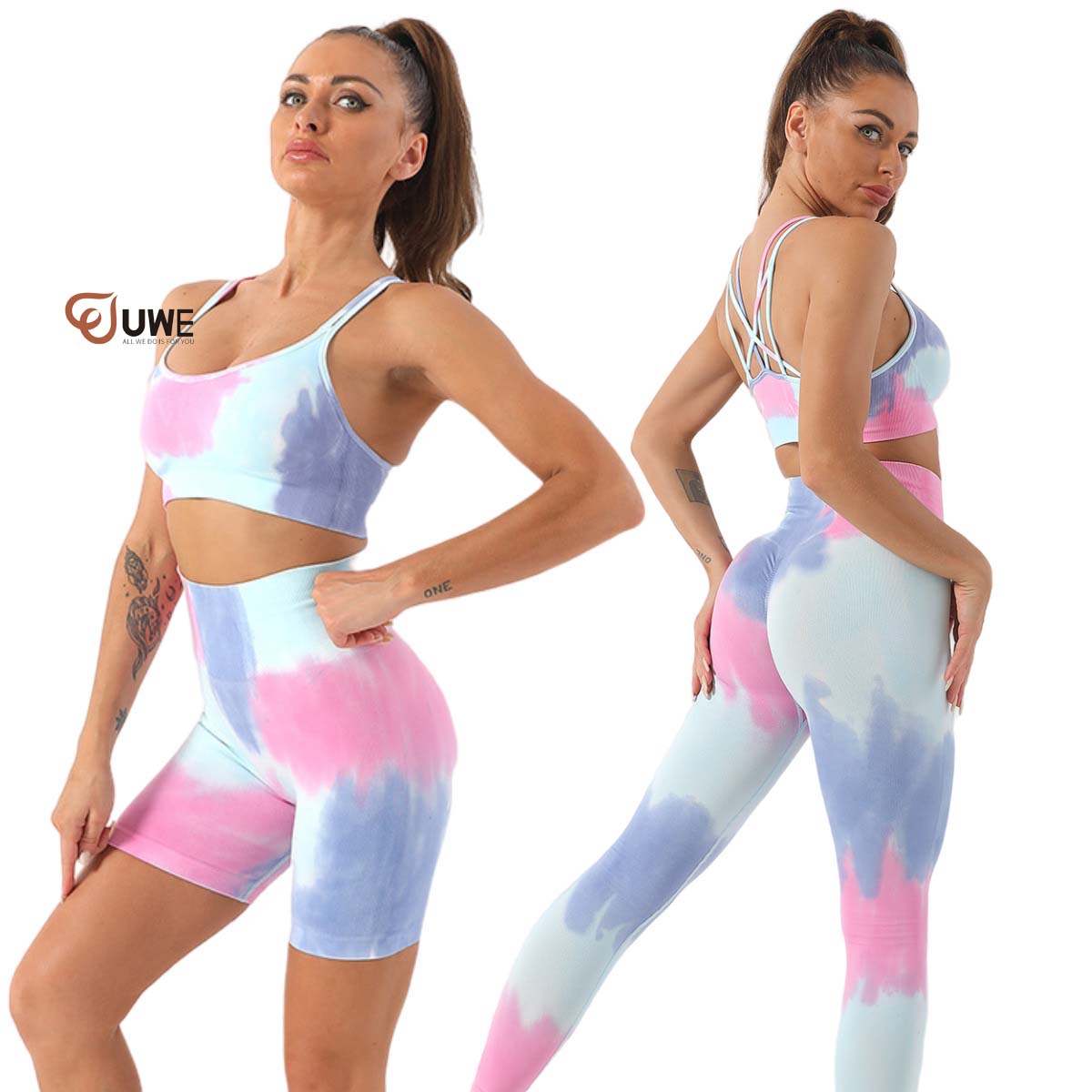 Tie Dye Seamless Yoga Set Lifting Hip High Waist Tight Fitness Pants Suit（34）