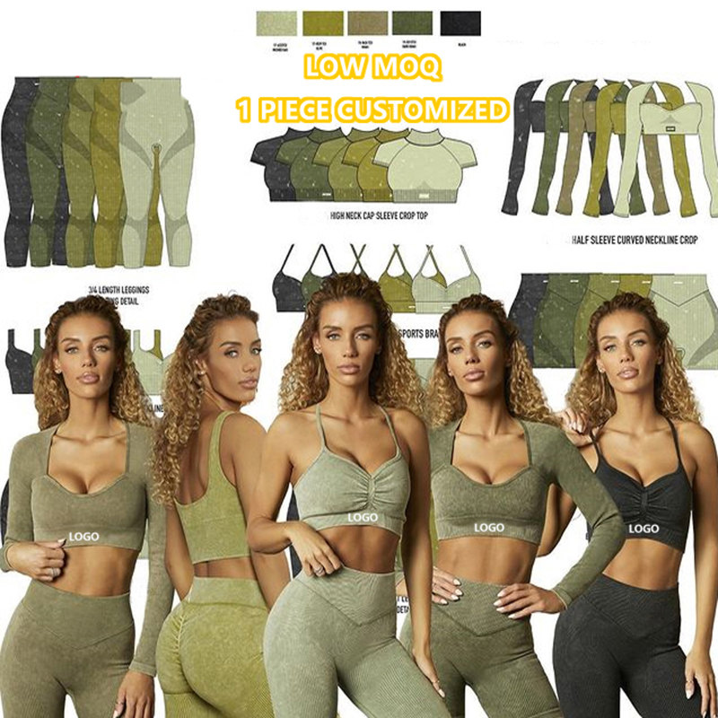 6pcs Wash Ribbed Fitness Yoga Set Active Seamless Workout Gym Fitness Suit（171）