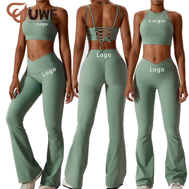 Yoga Set Wholesale 4 Pieces Fitness Clothing Hollow Vest V Waist Flared Pants（366）