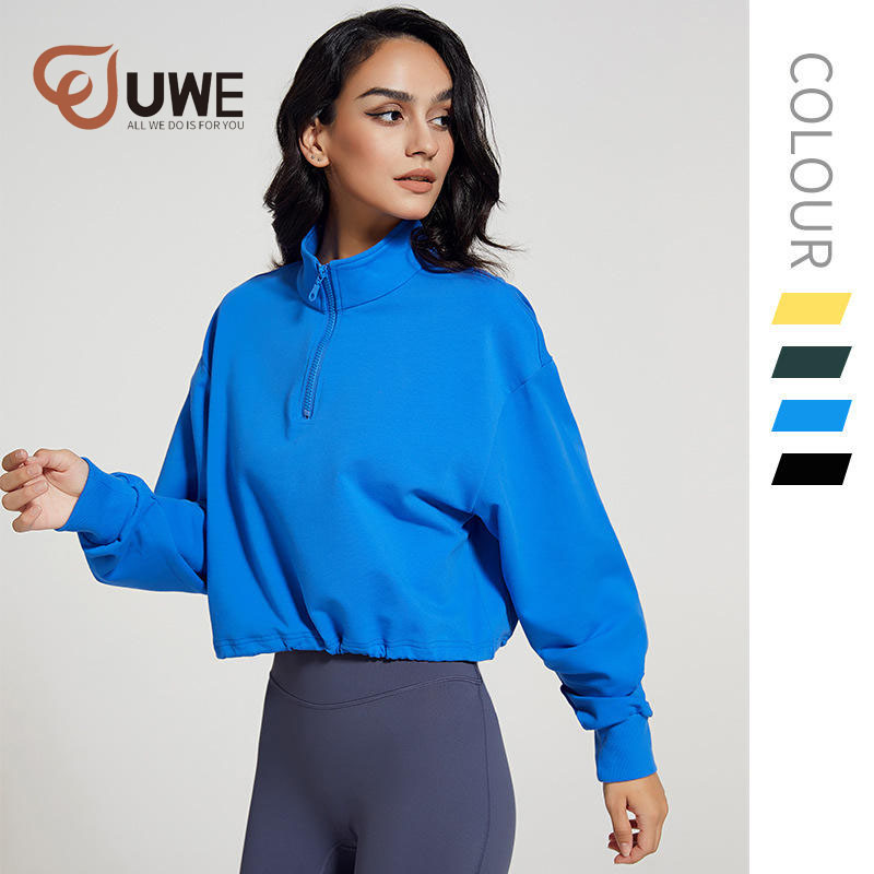 Yoga Crop Top High Neck Zipper Drawstring Sport Hoodie